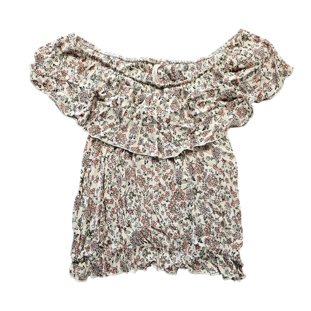 Peppermint Womens Floral Off The Shoulder Ruffle Top Cream Pink Smocked Hem S